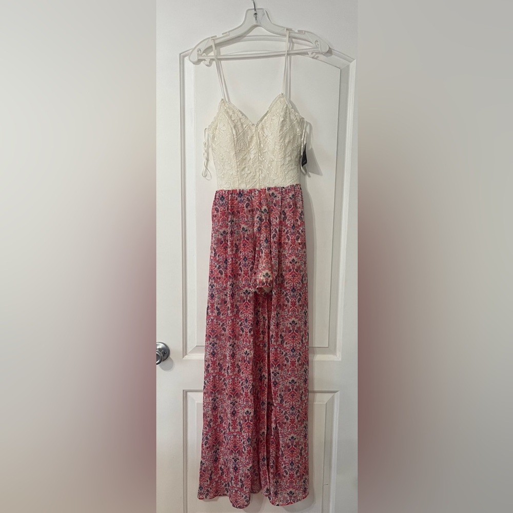 City Triangles Cream Lace Bodice Pink Floral Wide-Leg Jumpsuit